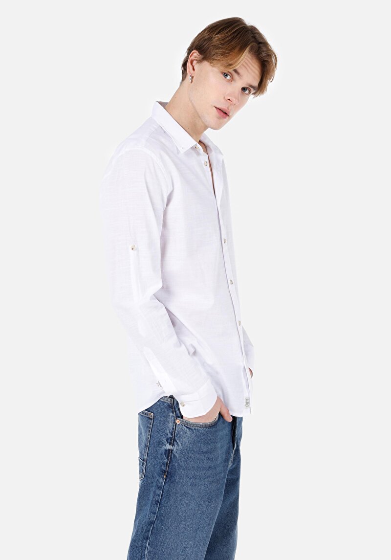 Regular Fit Shirt Neck Düz Erkek Beyaz Roll-Up Gömlek