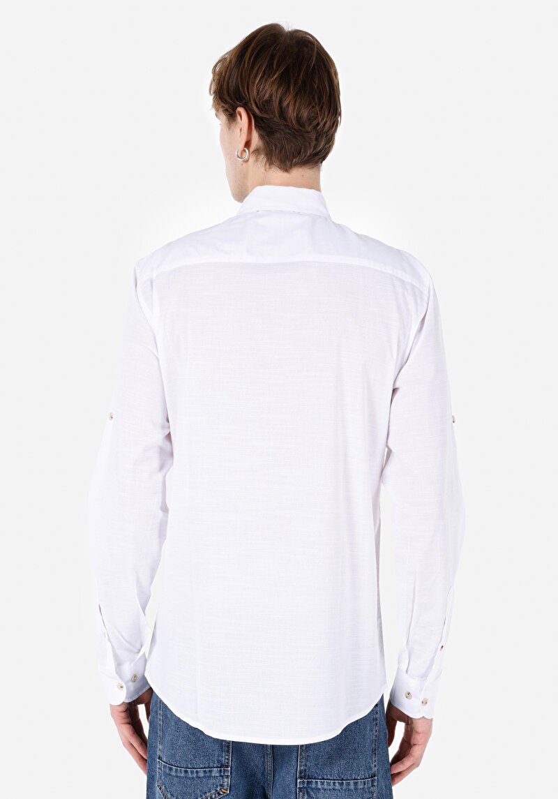 Regular Fit Shirt Neck Düz Erkek Beyaz Roll-Up Gömlek