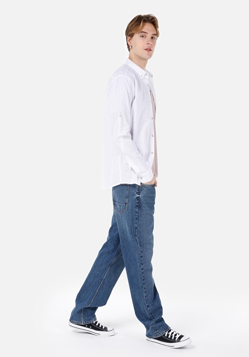 Regular Fit Shirt Neck Düz Erkek Beyaz Roll-Up Gömlek