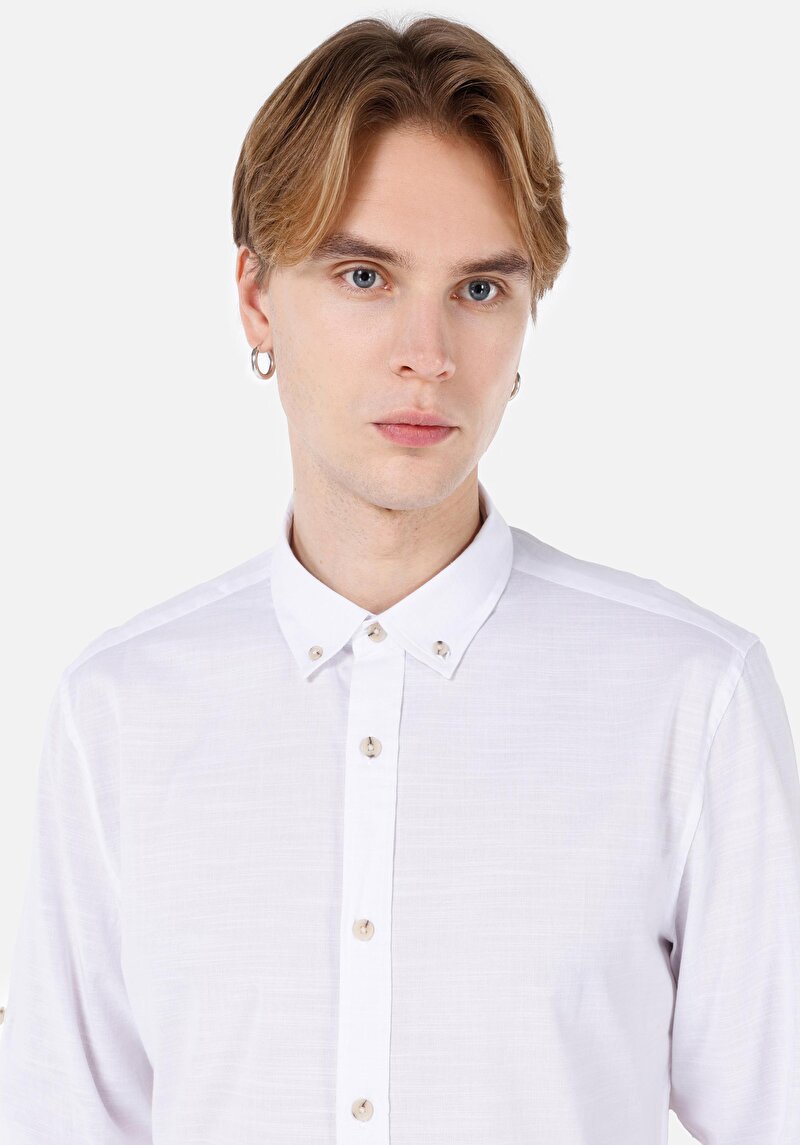 Regular Fit Shirt Neck Düz Erkek Beyaz Roll-Up Gömlek