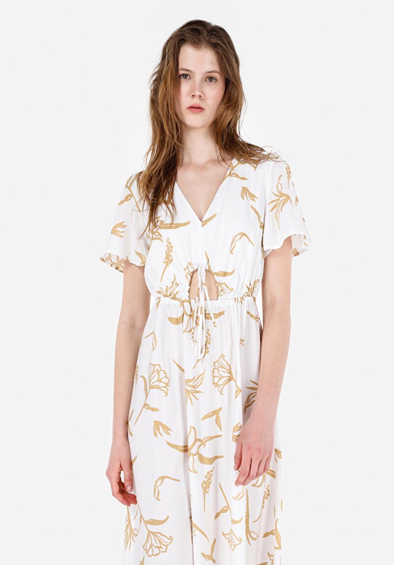 Regular Fit Kadın Ekru Çicek Baskılı Elbise