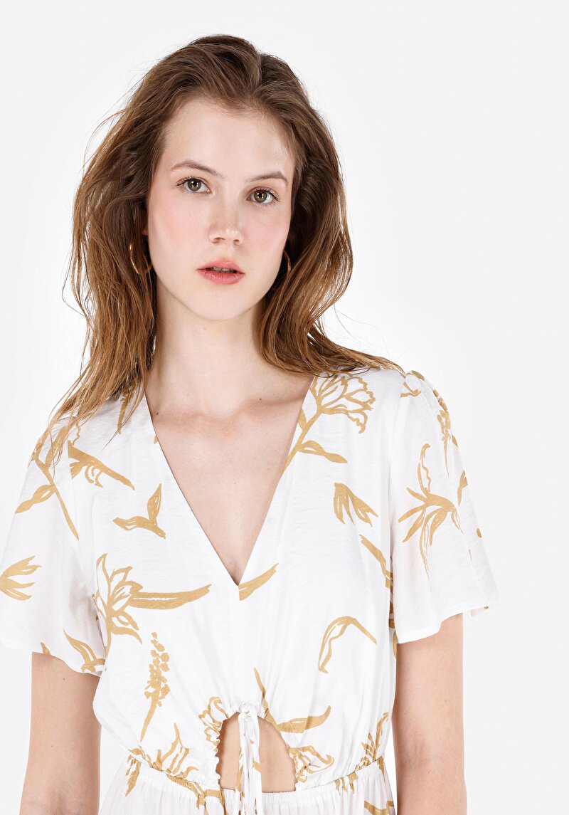 Regular Fit Kadın Ekru Çicek Baskılı Elbise