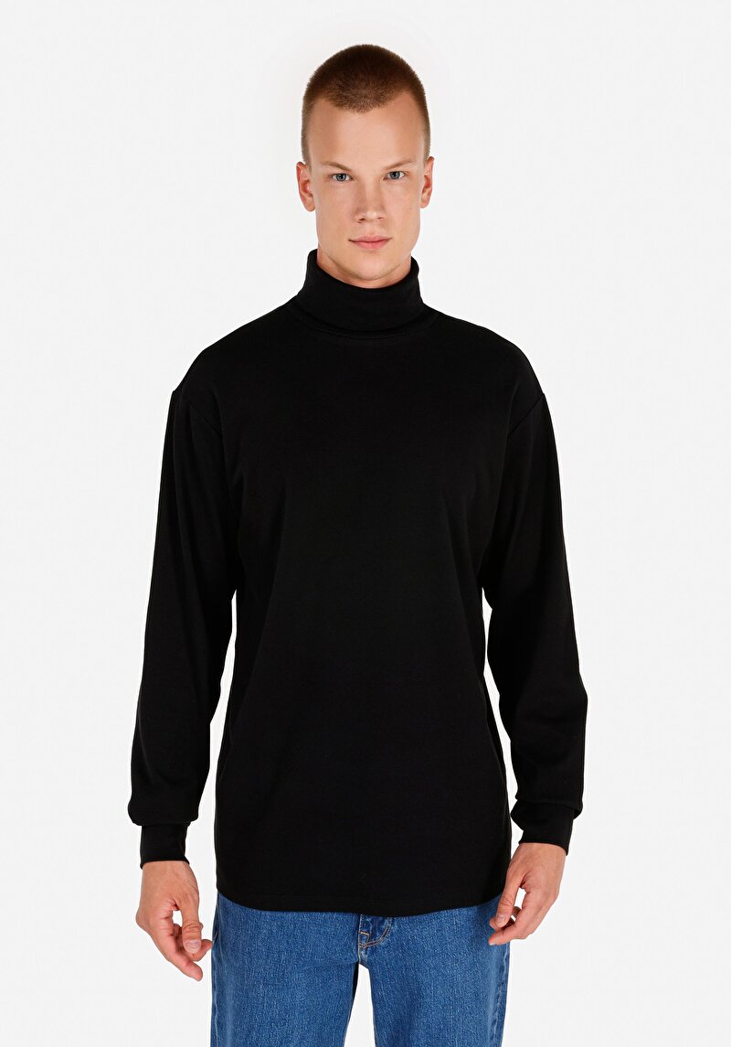 Comfort Fit Balıkçı Yaka Düz Erkek Siyah Pamuk Uzun Kol Tişört