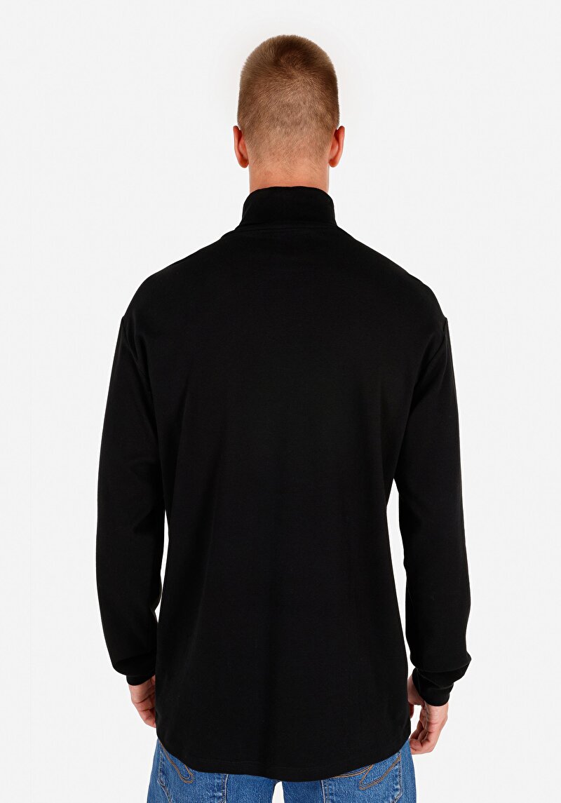 Comfort Fit Balıkçı Yaka Düz Erkek Siyah Pamuk Uzun Kol Tişört