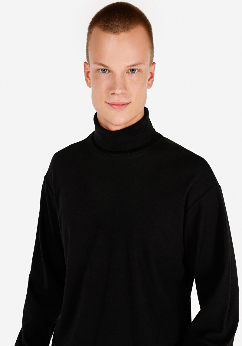 Comfort Fit Balıkçı Yaka Düz Erkek Siyah Pamuk Uzun Kol Tişört