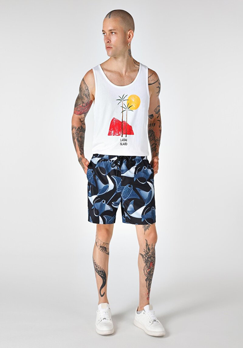 Regular Fit Baskılı Erkek Siyah Deniz Şortu