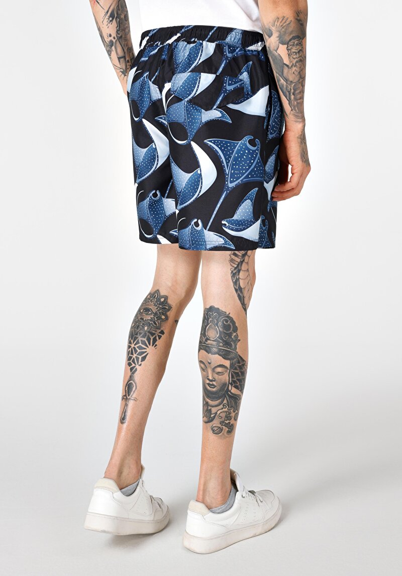 Regular Fit Baskılı Erkek Siyah Deniz Şortu