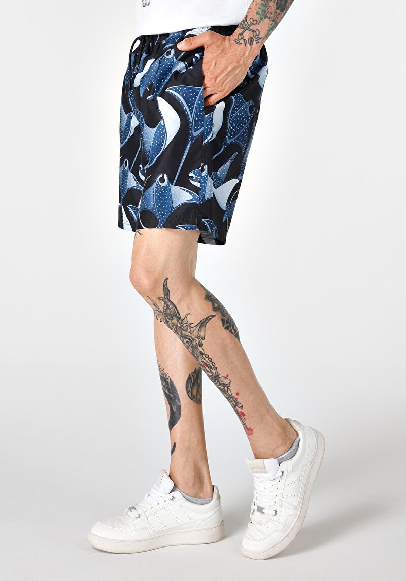 Regular Fit Baskılı Erkek Siyah Deniz Şortu