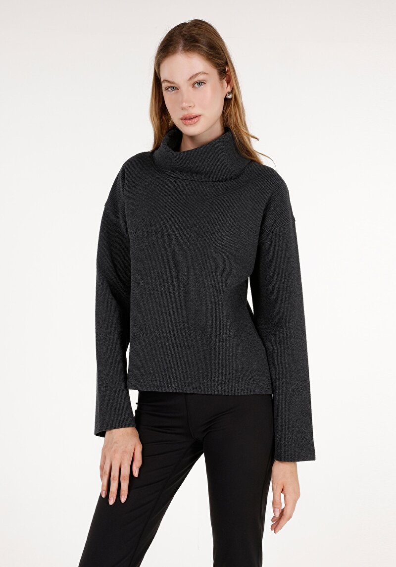 Regular Fit Balıkçı Yaka Kadın Antrasit Uzun Kol Tişört