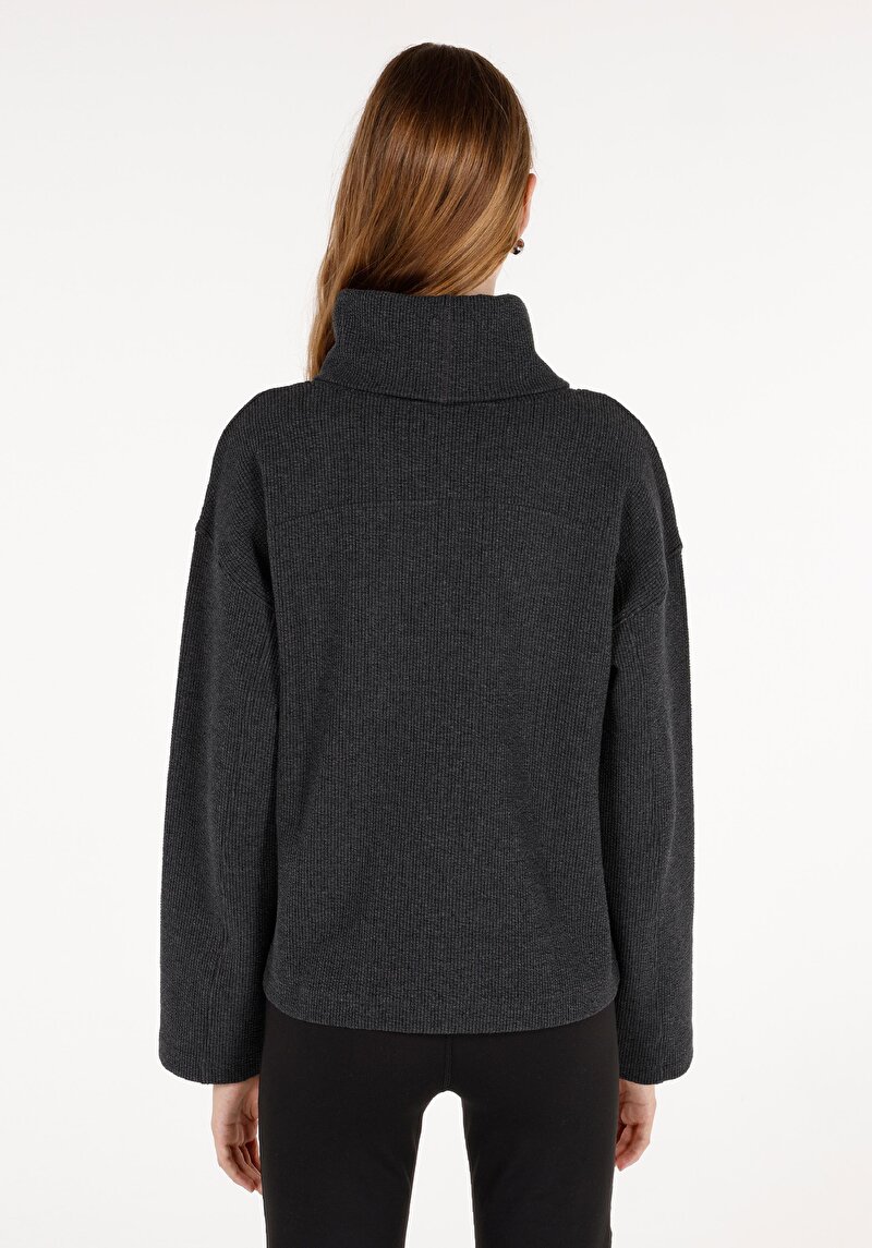 Regular Fit Balıkçı Yaka Kadın Antrasit Uzun Kol Tişört