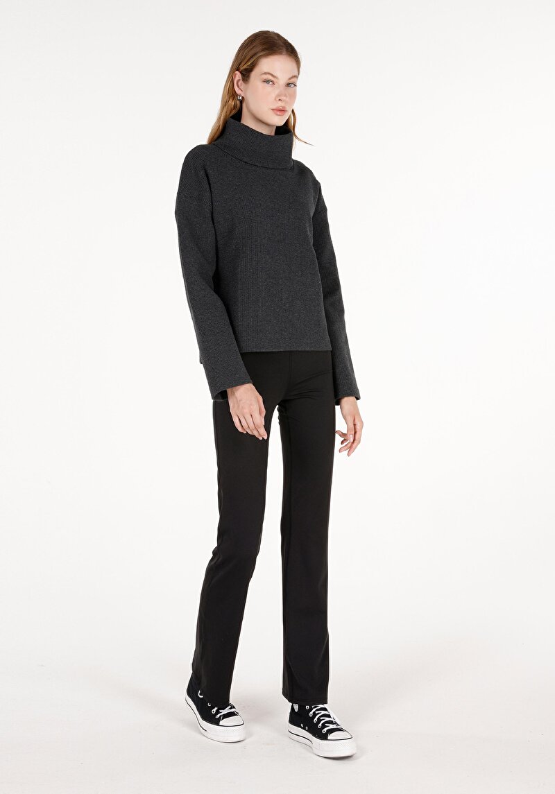 Regular Fit Balıkçı Yaka Kadın Antrasit Uzun Kol Tişört