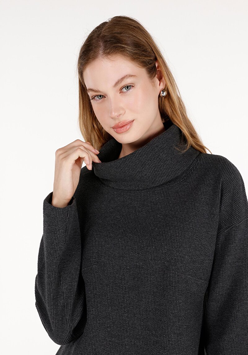 Regular Fit Balıkçı Yaka Kadın Antrasit Uzun Kol Tişört