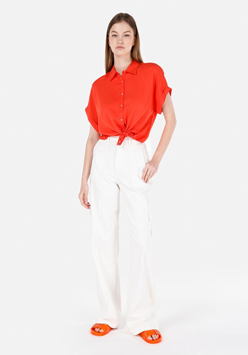 Regular Fit Shirt Neck Kadın Kirmizi Kısa Kol Gömlek