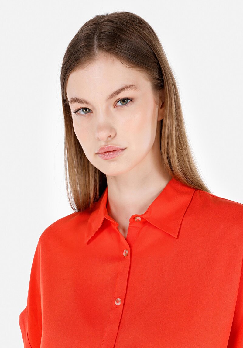 Regular Fit Shirt Neck Kadın Kirmizi Kısa Kol Gömlek