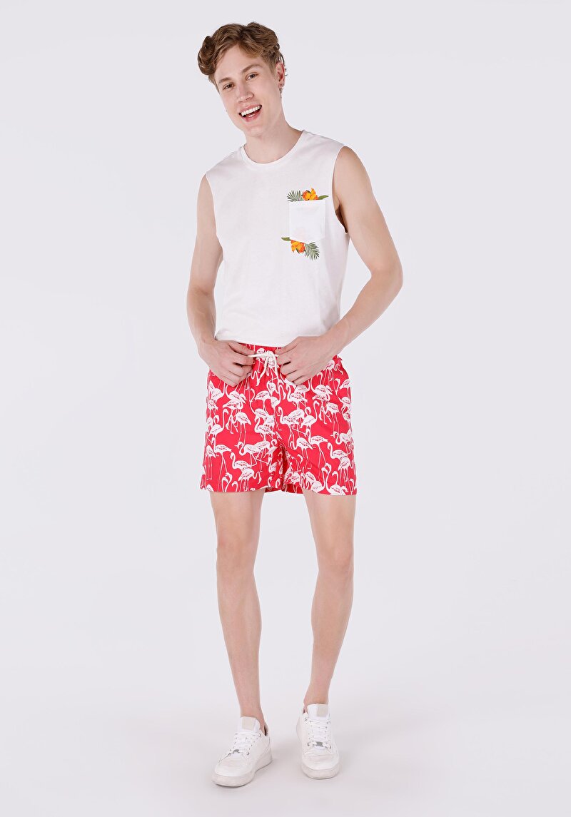 Slim Fit Baskılı Erkek Kirmizi Deniz Şortu