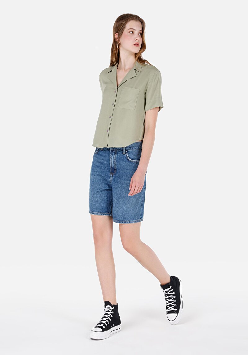 Regular Fit Shirt Neck Düz Kadın Yeşil Kısa Kol Gömlek