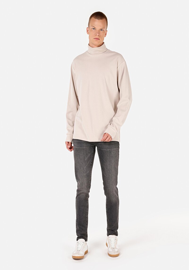 Comfort Fit Balıkçı Yaka Düz Erkek Cepsiz Taş Uzun Kol Tişört