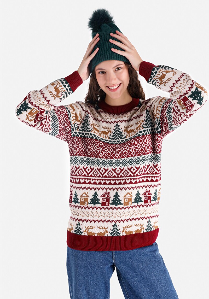 Regular Fit Yuvarlak Yaka Baskılı Kadın Bordo Kazak