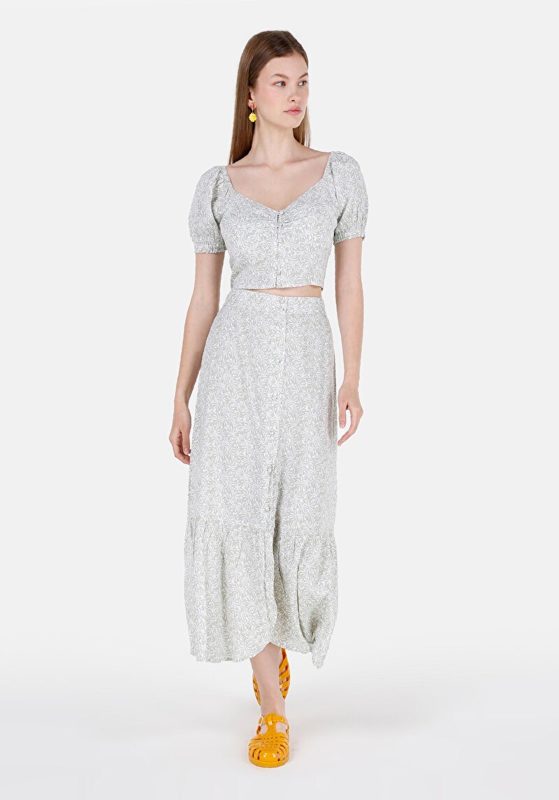 Midi Skirt Çiçekli Düğmeli Kadın Yeşil Etek