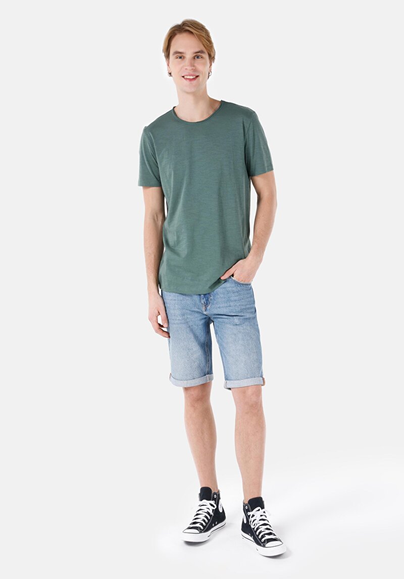 Regular Fit Yuvarlak Yaka Düz Cepsiz Erkek Yeşil Kısa Kol Tişört