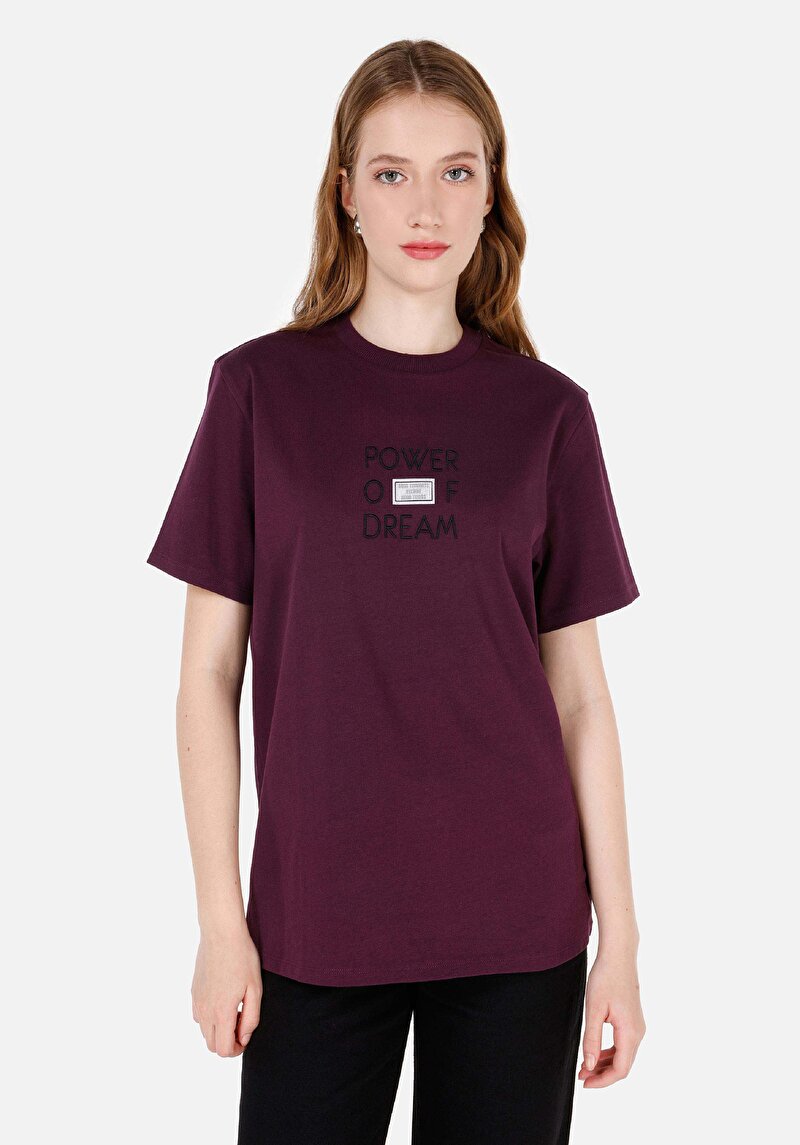 Regular Fit Yuvarlak Yaka Baskılı Kadın Mor Kısa Kol Tişört