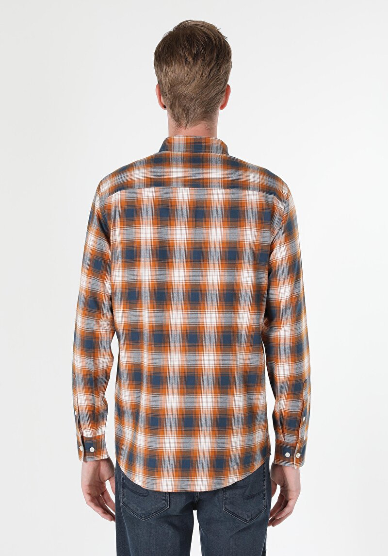 Regular Fit Shirt Neck Ekoseli Erkek Sari Uzun Kol Gömlek