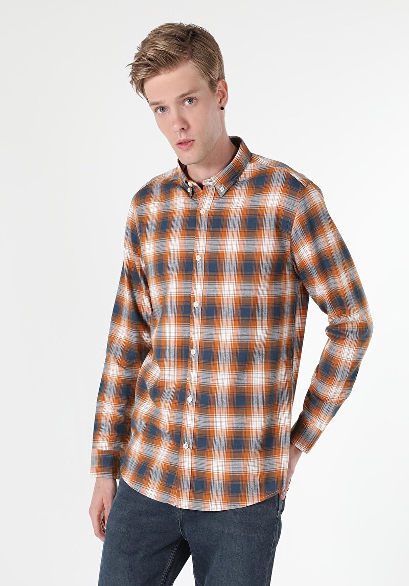 Regular Fit Shirt Neck Ekoseli Erkek Sari Uzun Kol Gömlek