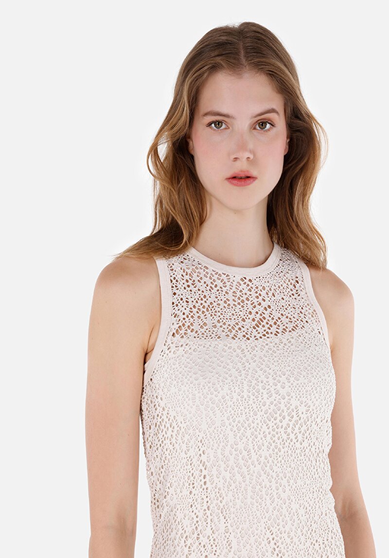 Slim Fit Kadın Ekru Kısa Kol Elbise