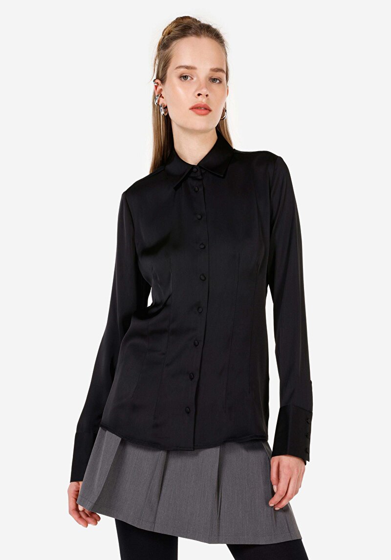 Slim Fit Shirt Neck Kadın Siyah Uzun Kol Gömlek
