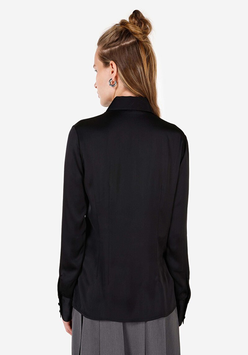 Slim Fit Shirt Neck Kadın Siyah Uzun Kol Gömlek
