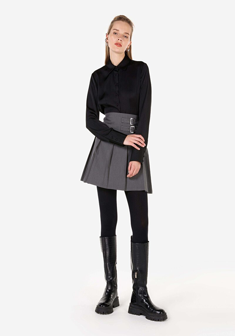 Slim Fit Shirt Neck Kadın Siyah Uzun Kol Gömlek