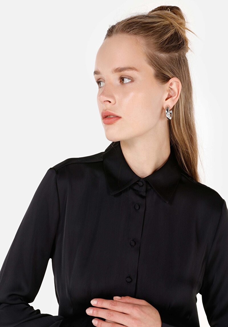 Slim Fit Shirt Neck Kadın Siyah Uzun Kol Gömlek
