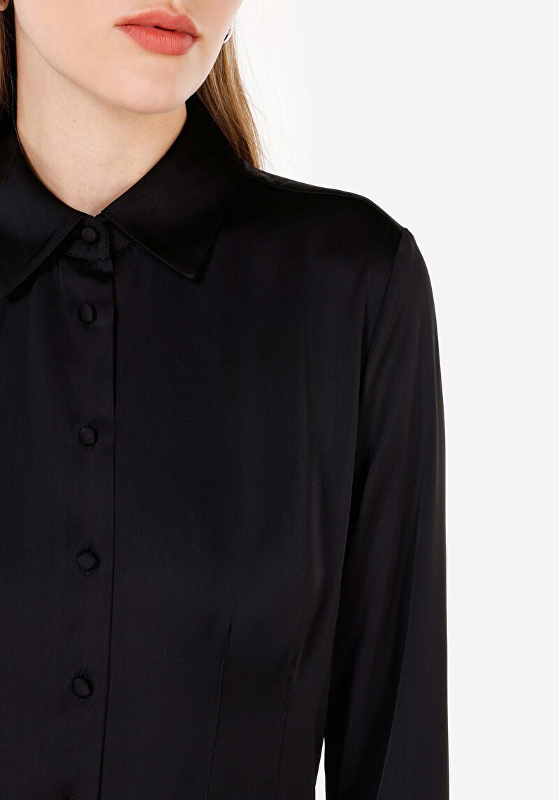 Slim Fit Shirt Neck  Kadın Siyah Uzun Kol Gömlek