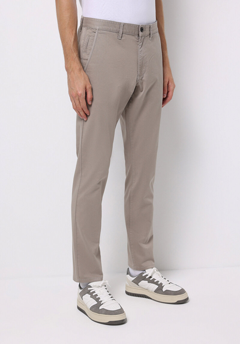 Slim Fit Orta Bel Düz Paça Erkek Bej  Pantolon