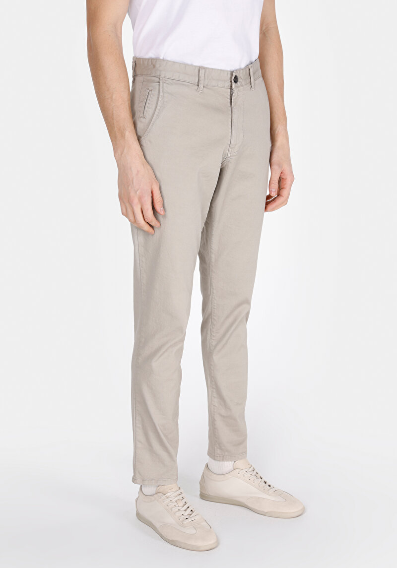 Slim Fit Orta Bel Düz Paça Erkek Bej Pantolon