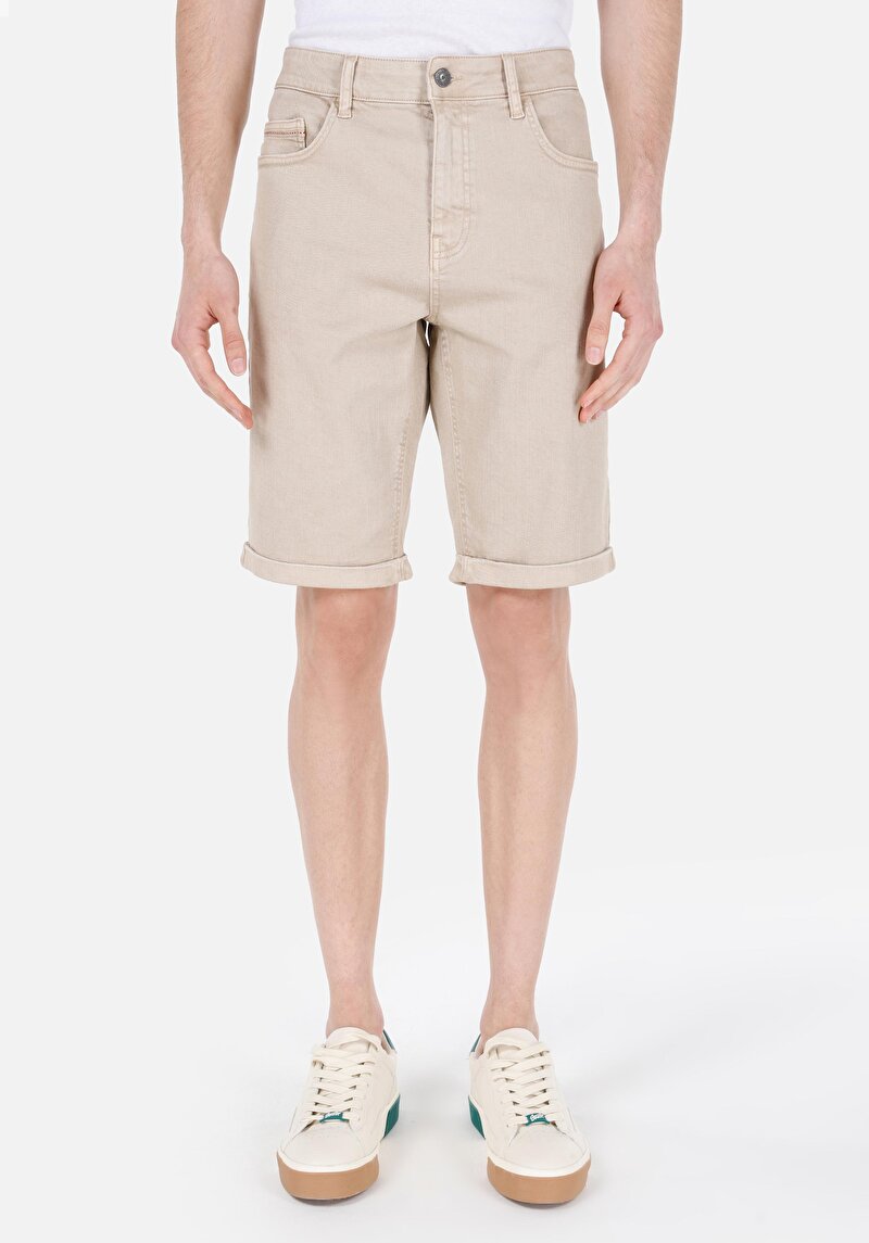 Regular Fit Düğmeli Orta Bel Düz Erkek Bej Şort