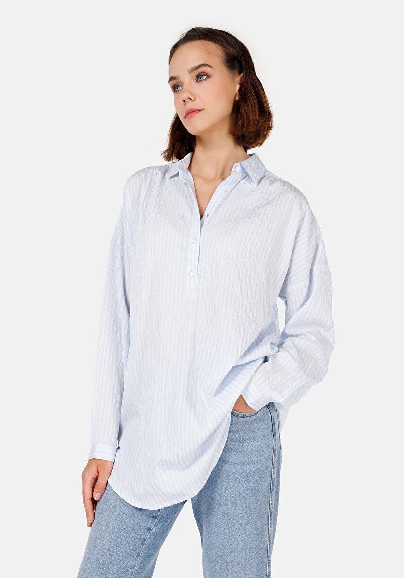 Relax Fit Shirt Neck Kadın Mavi Uzun Kol Gömlek