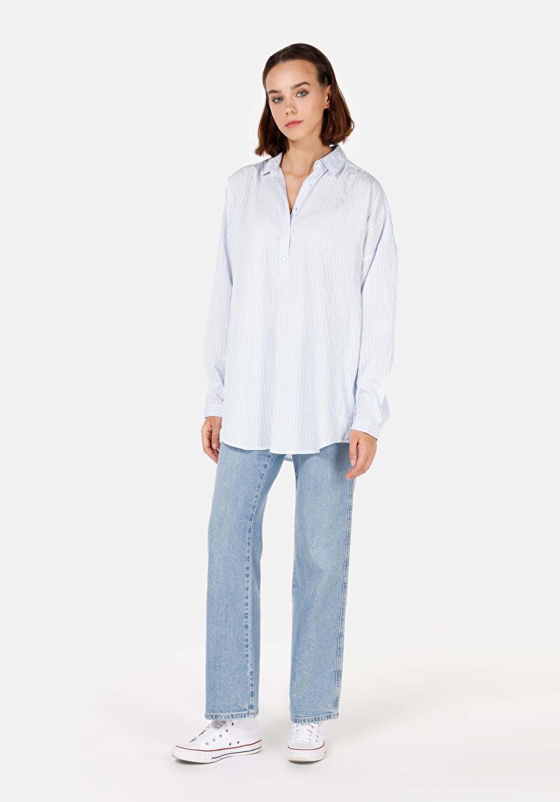 Relax Fit Shirt Neck Kadın Mavi Uzun Kol Gömlek