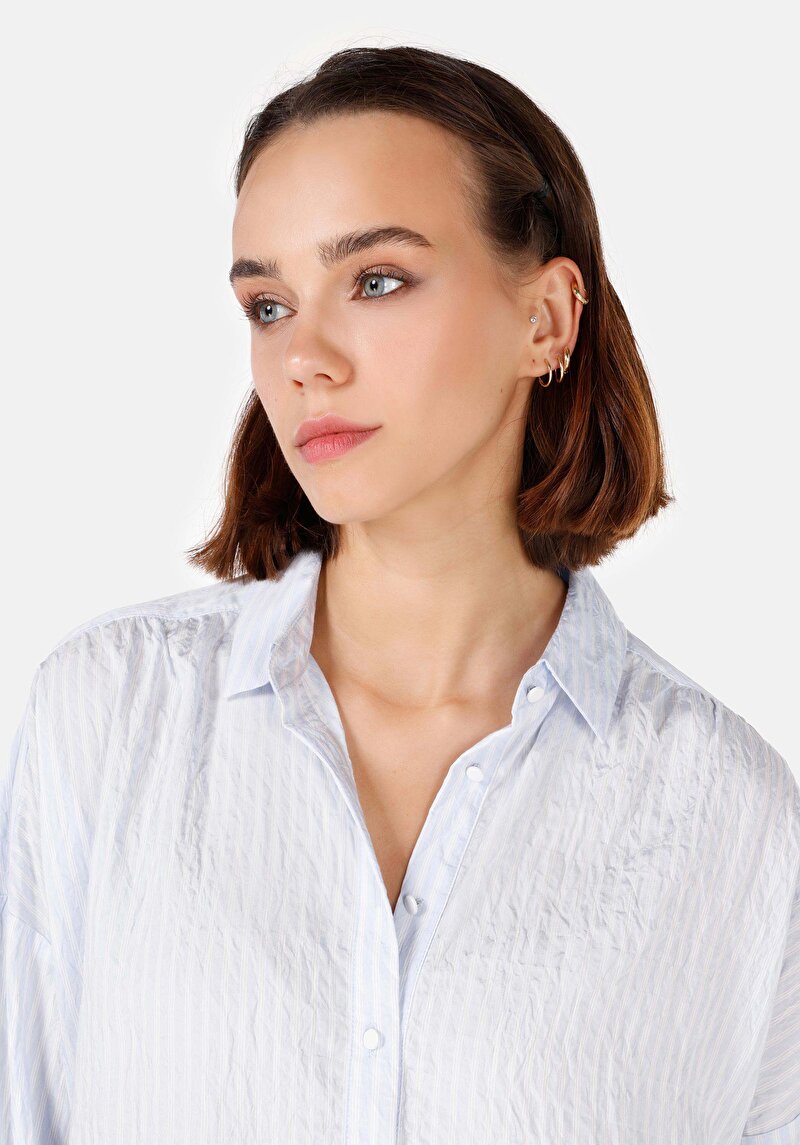 Relax Fit Shirt Neck Kadın Mavi Uzun Kol Gömlek