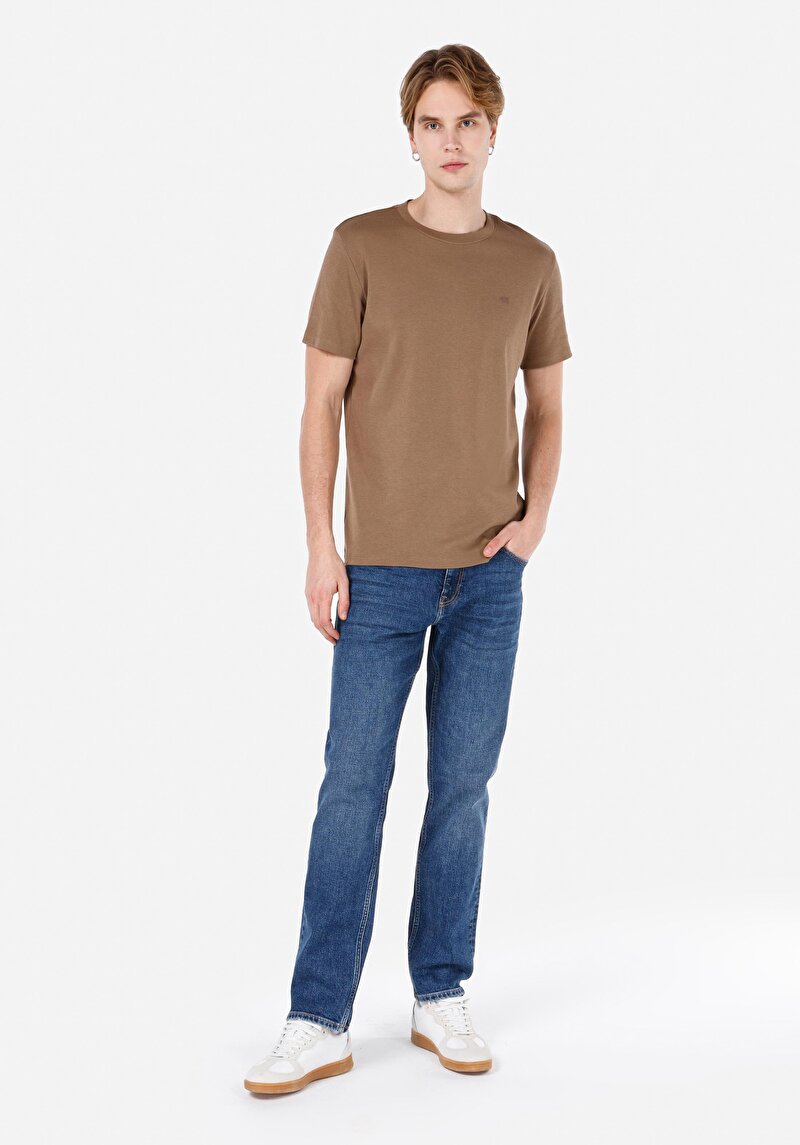 Regular Fit Yuvarlak Yaka Düz Erkek Kahverengi Kısa Kol Tişört