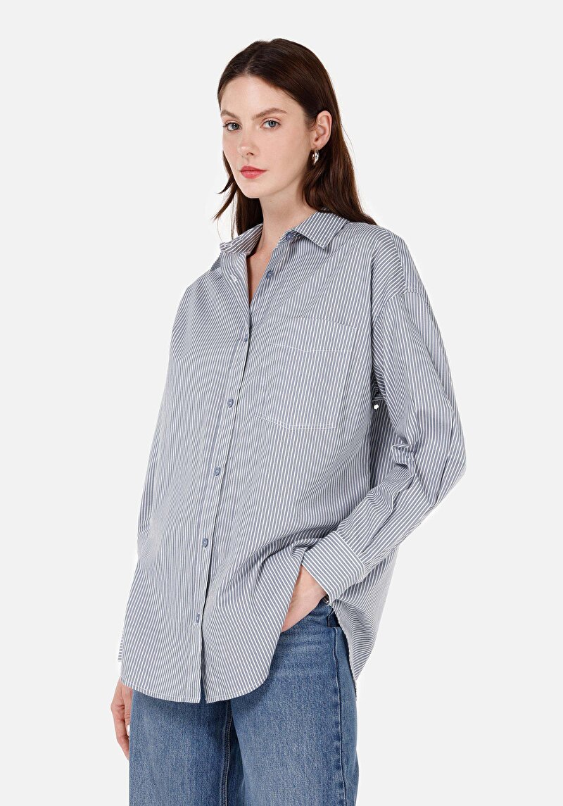 Relax Fit Shirt Neck Kadın Mavi Uzun Kol Gömlek