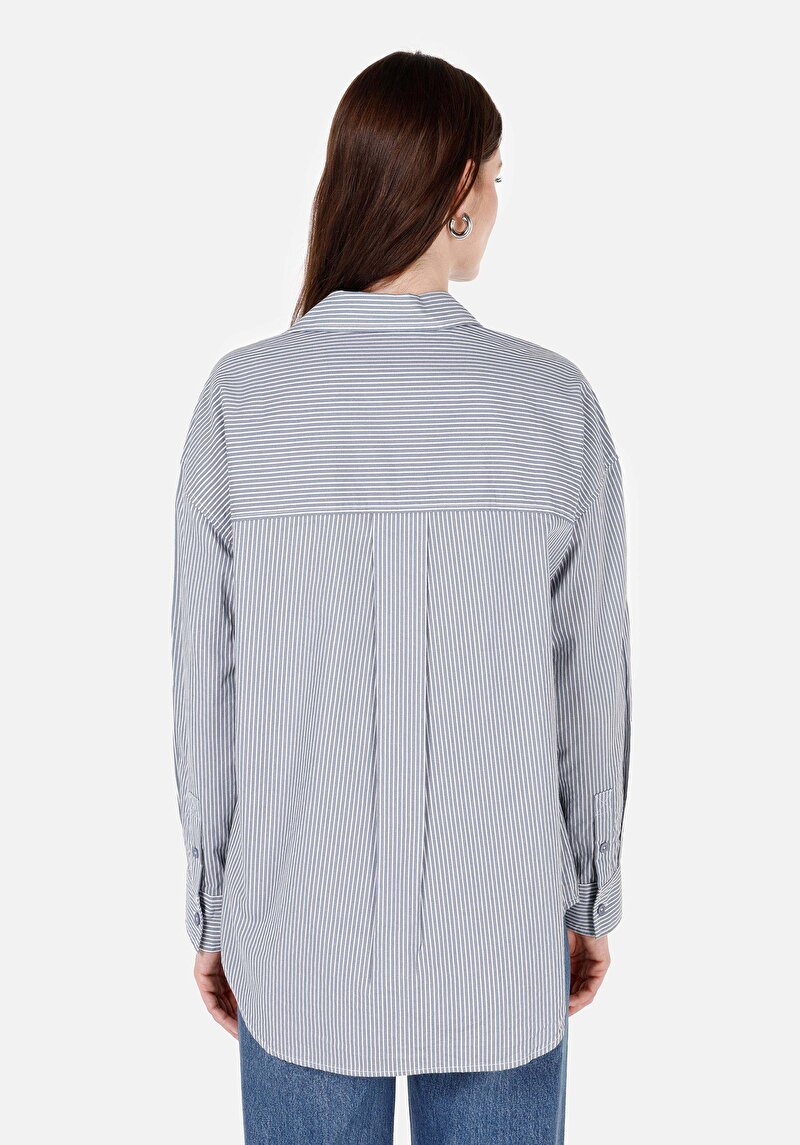 Relax Fit Shirt Neck Kadın Mavi Uzun Kol Gömlek