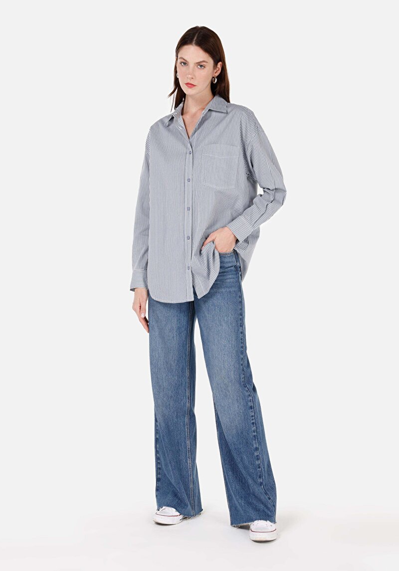 Relax Fit Shirt Neck Kadın Mavi Uzun Kol Gömlek