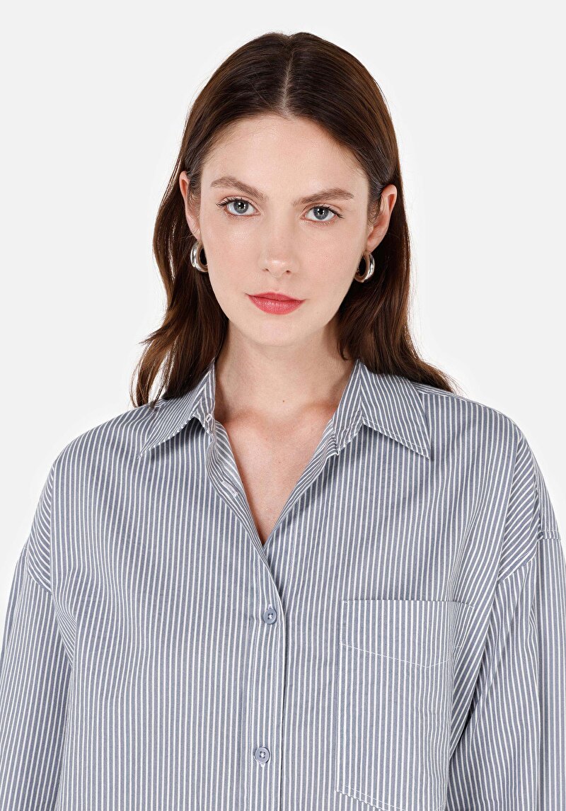 Relax Fit Shirt Neck Kadın Mavi Uzun Kol Gömlek