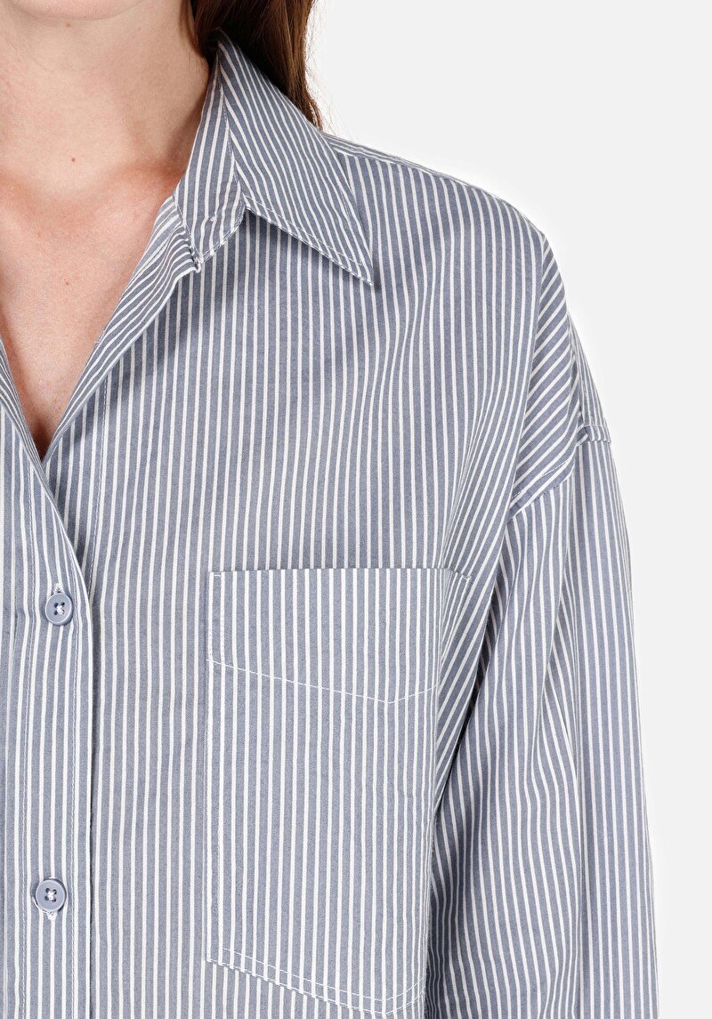 Relax Fit Shirt Neck  Kadın Mavi Uzun Kol Gömlek