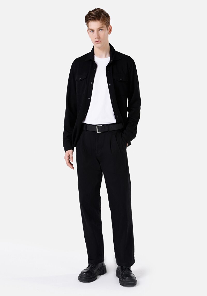 Wıde Fit Orta Bel Düz Paça Erkek Siyah Pantolon