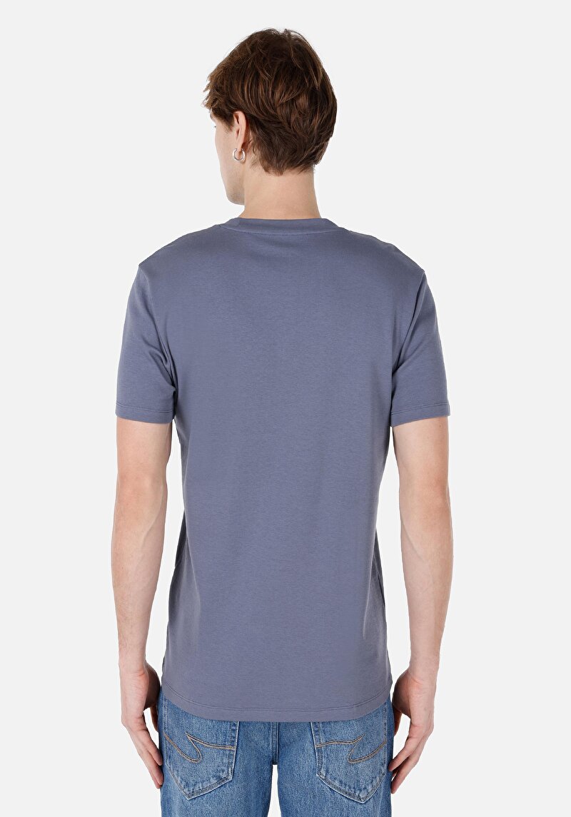 Regular Fit Yuvarlak Yaka Düz Örme Erkek Mavi Kısa Kol Tişört