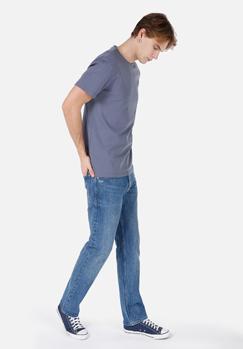 Regular Fit Yuvarlak Yaka Düz Örme Erkek Mavi Kısa Kol Tişört