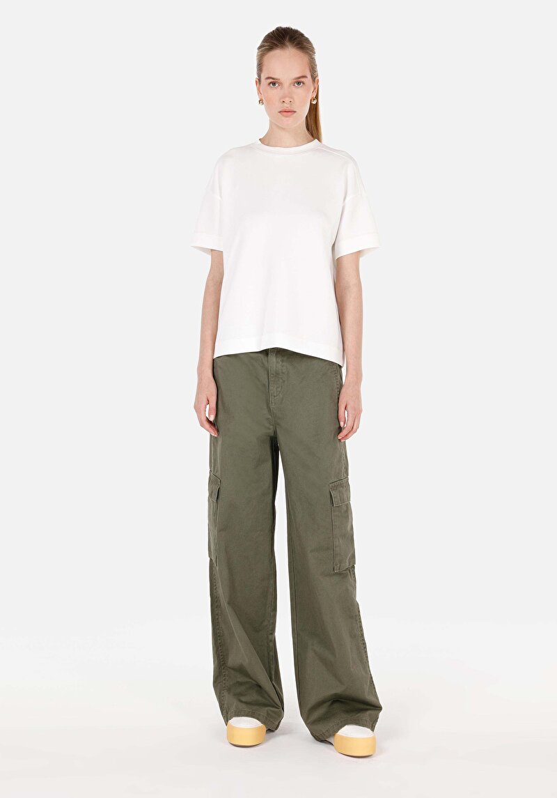 Regular Fit Yüksek Bel Geniş Paça Cargo Cep Kadın Yeşil Pantolon