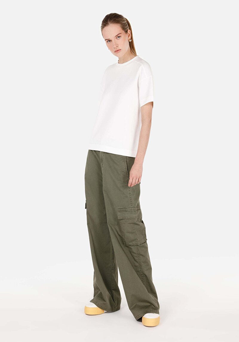 Regular Fit Yüksek Bel Geniş Paça Cargo Cep Kadın Yeşil Pantolon